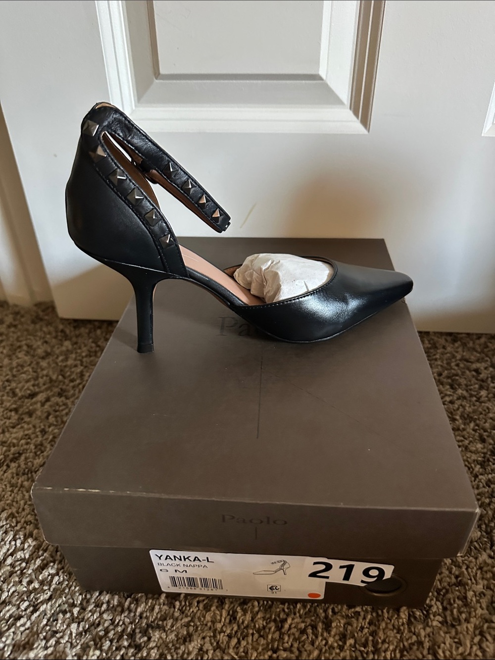 Paolo Black Pointed-Toe Ankle-Strap Pump with Pyramid Studs